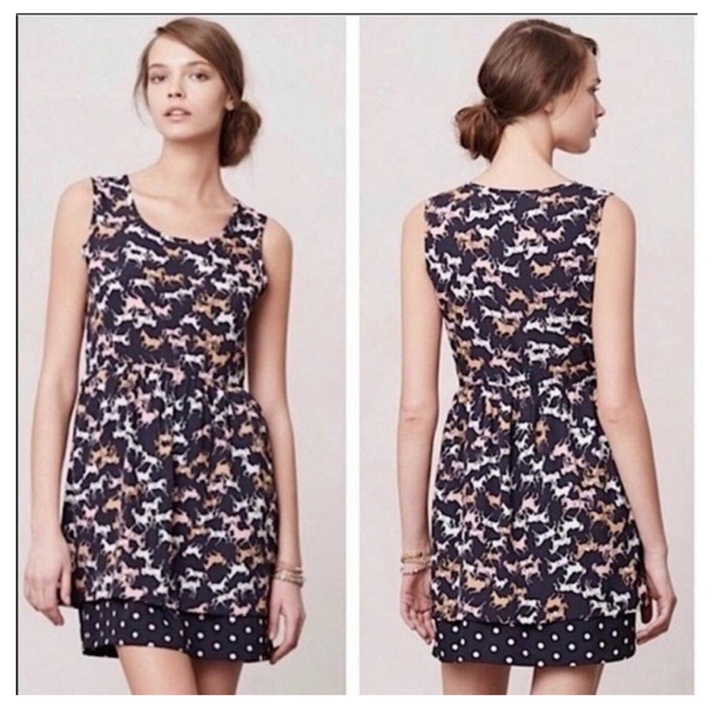 ANTHROPOLOGIE Porridge Equestrian Horse Print Fit & Flare Navy Blue Dress - Sz S